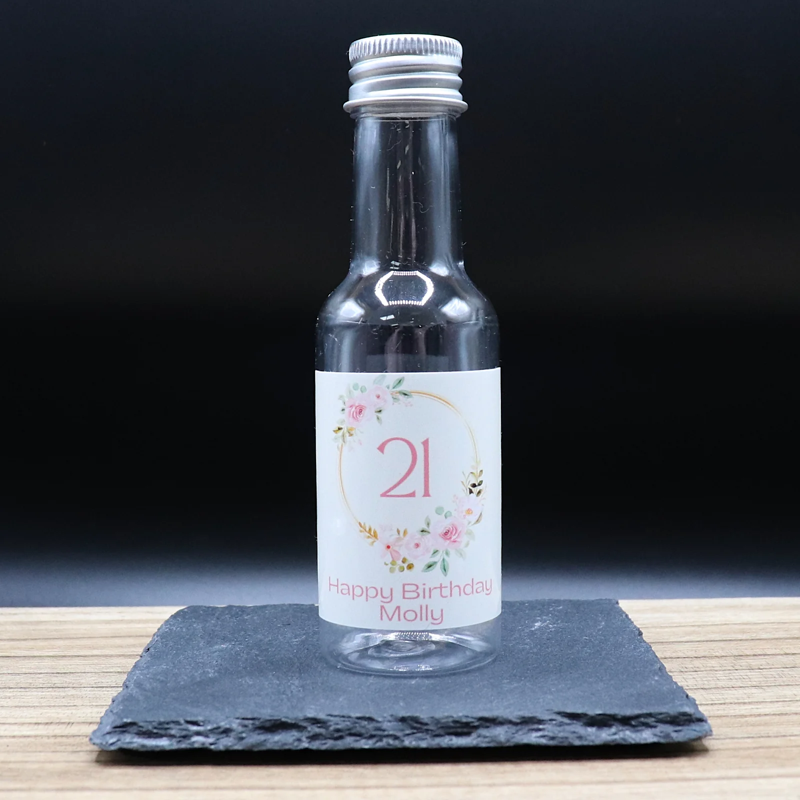 Personalised Miniature Alcohol Bottles - Birthday Pink Flowers Circle Design - Image 2