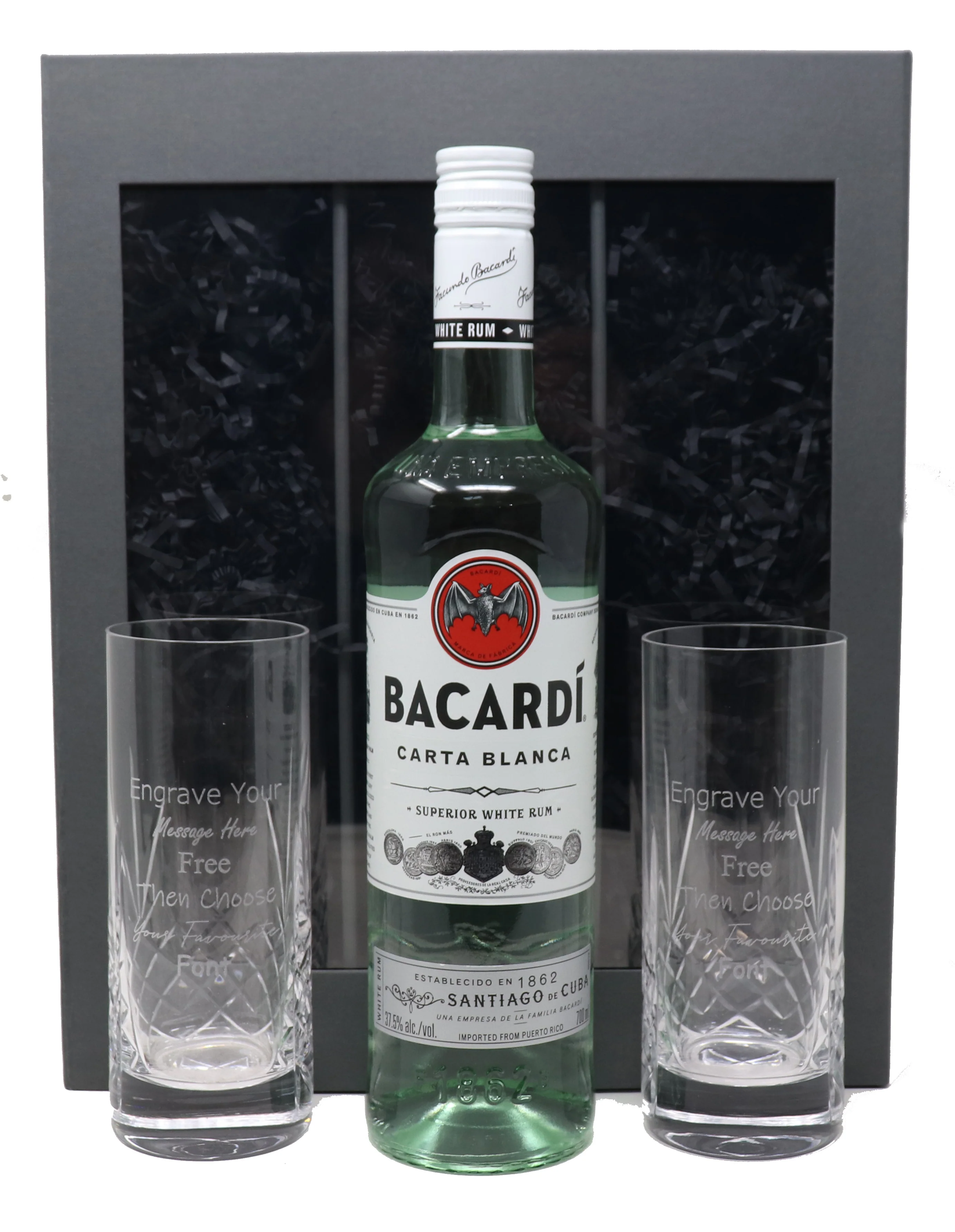 Personalised Pair of Crystal Highball Glasses & Bacardi
