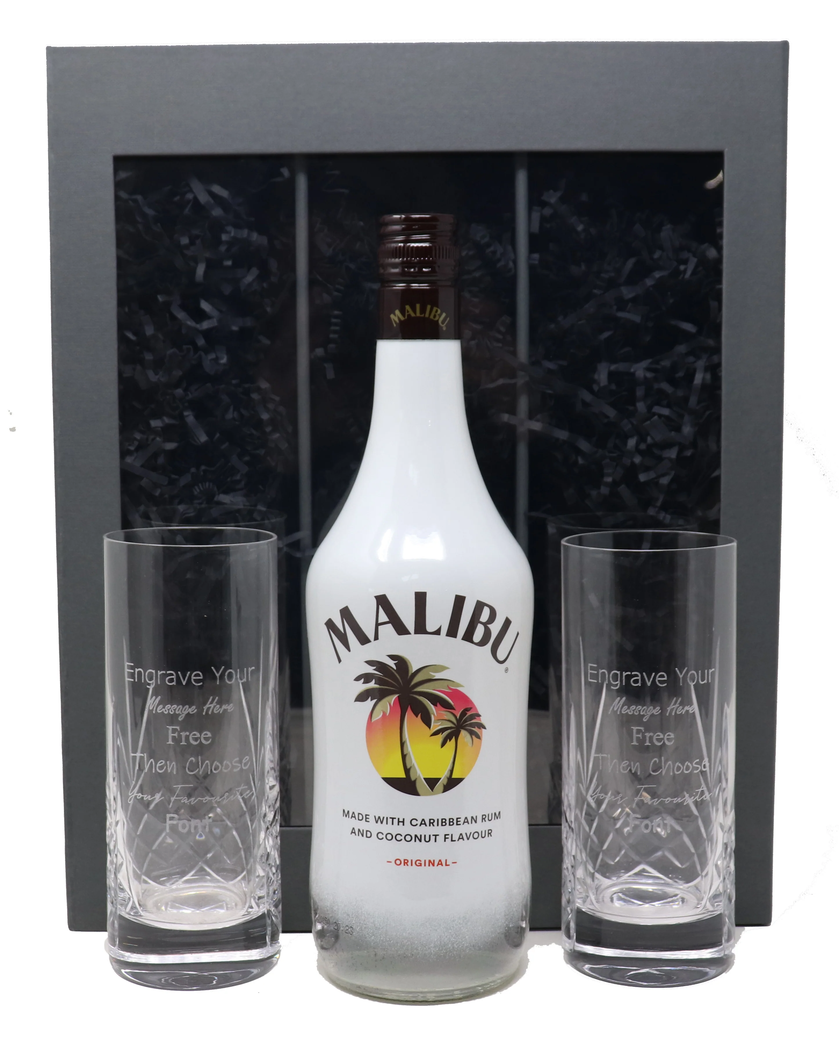 Personalised Pair of Crystal Highball Glasses & Malibu