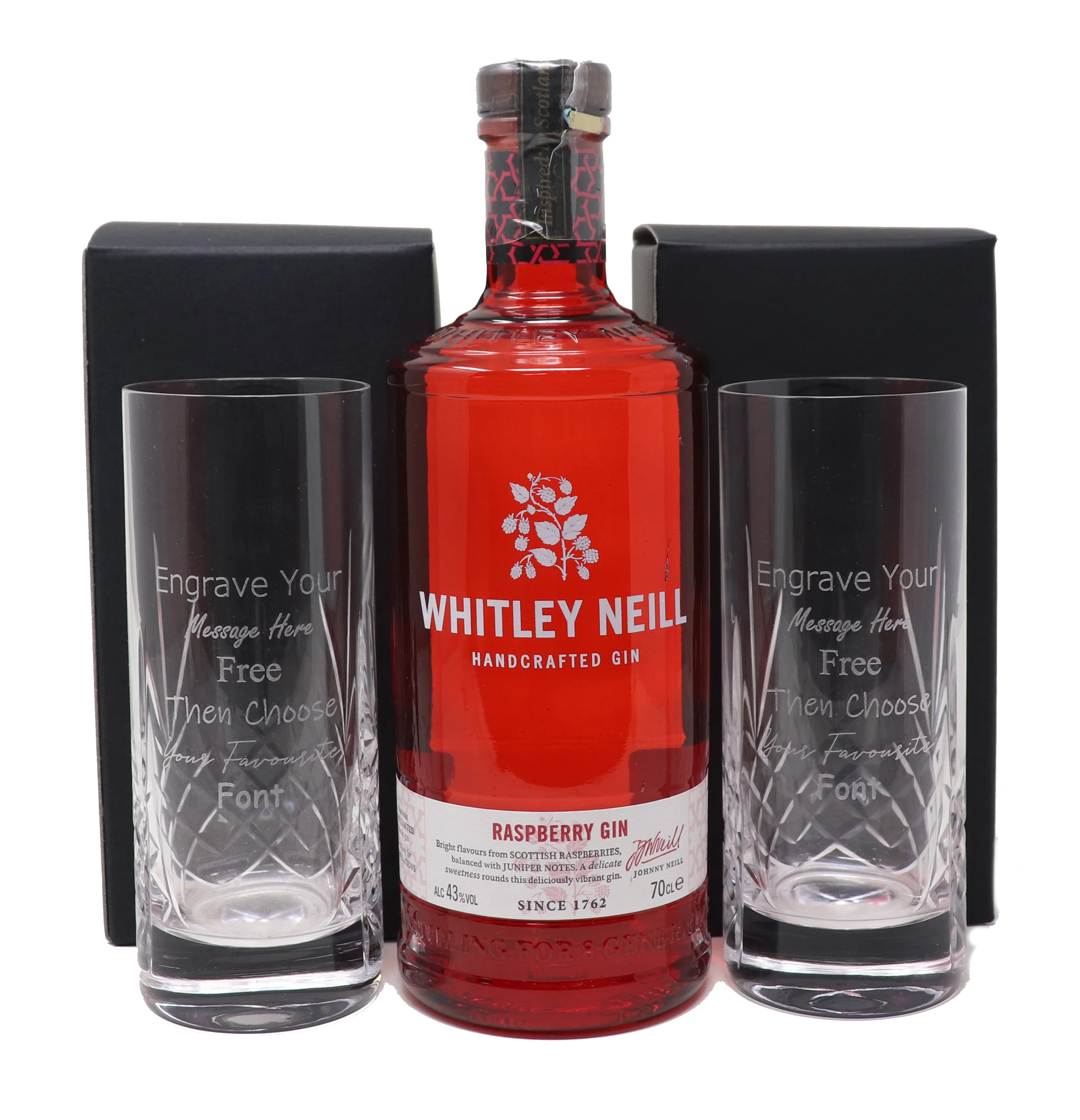 Personalised Pair of Crystal Highballs & 70cl Whitley Neill Raspberry Gin - Image 2