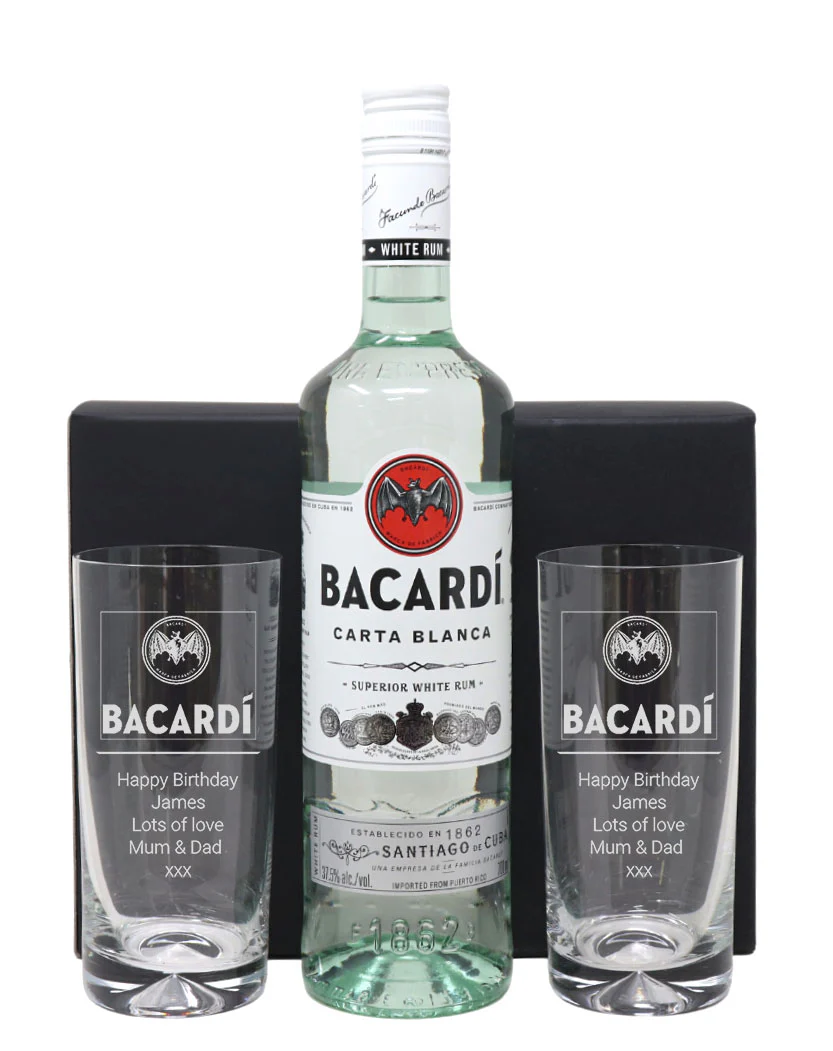 Personalised Pair of Highball Glasses & Bacardi - Label Design
