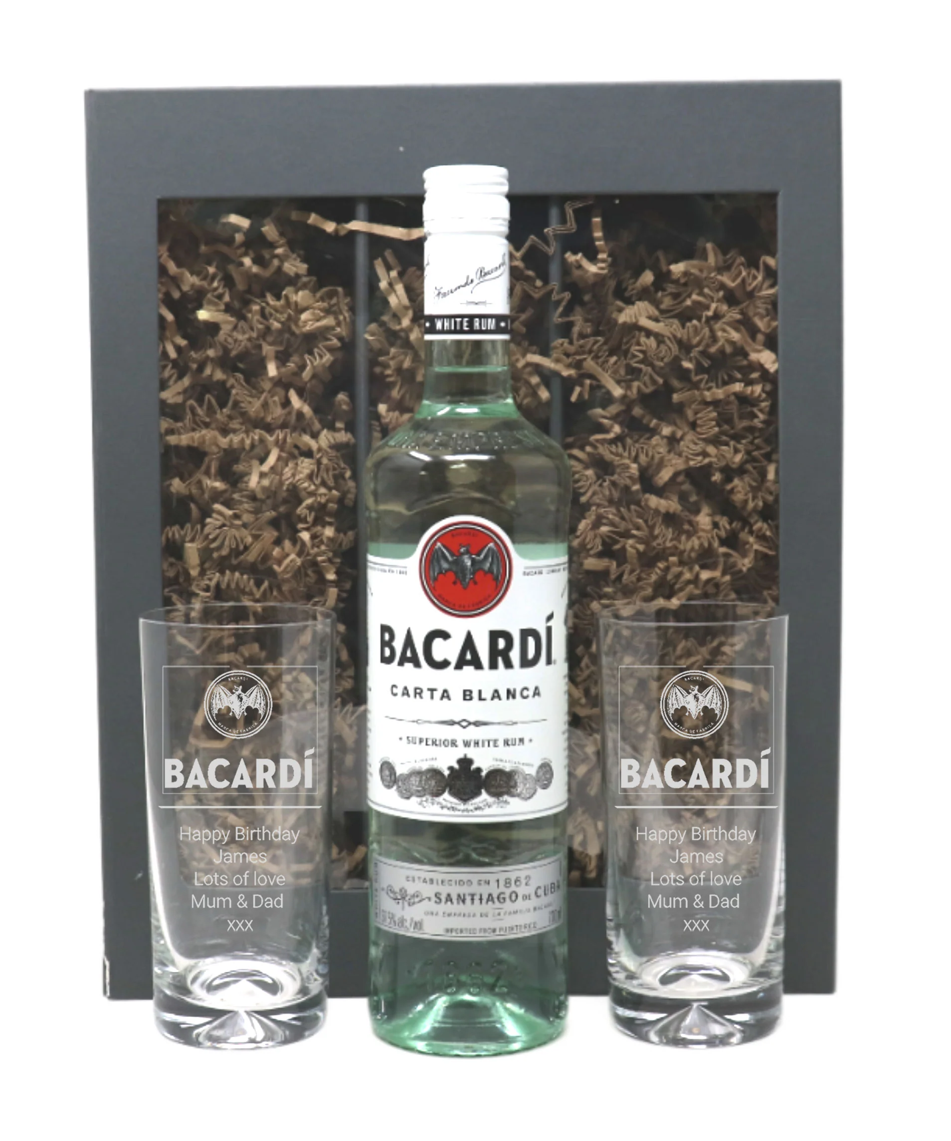 Personalised Pair of Highball Glasses & Bacardi - Label Design - Image 2