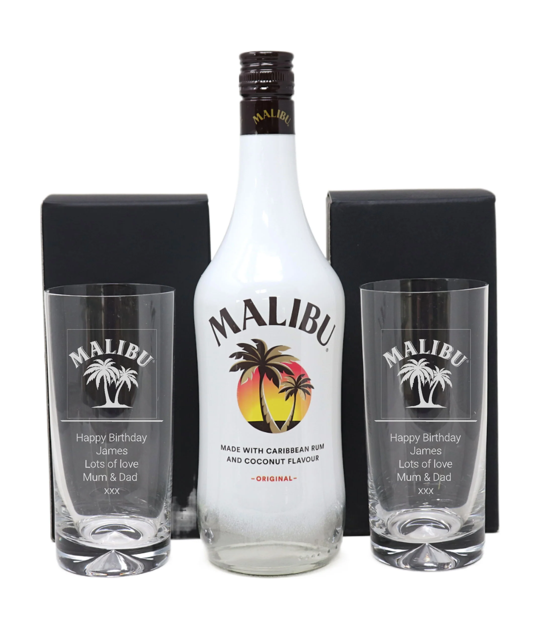 Personalised Pair of Highball Glasses & Malibu - Label Design