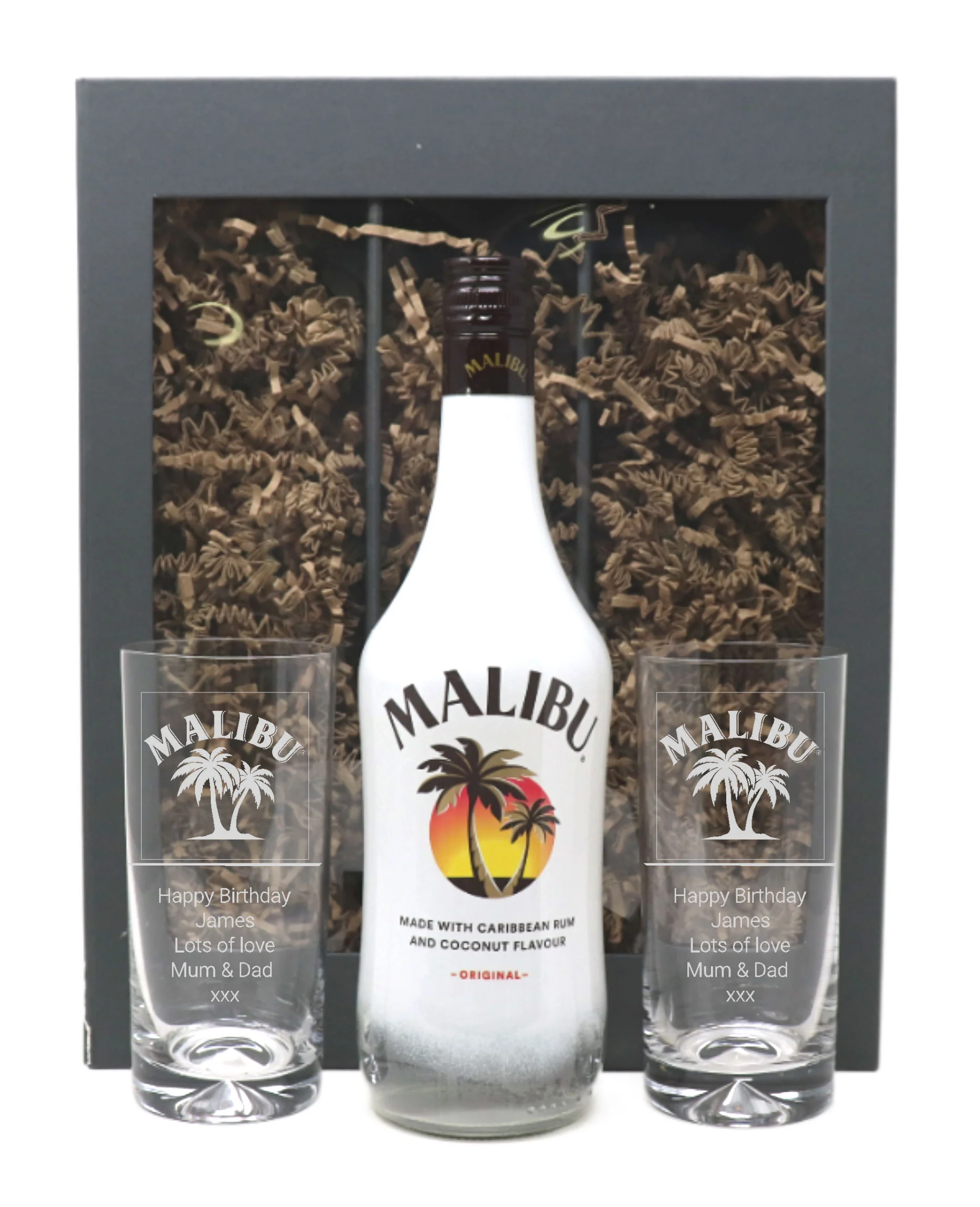 Personalised Pair of Highball Glasses & Malibu - Label Design - Image 2