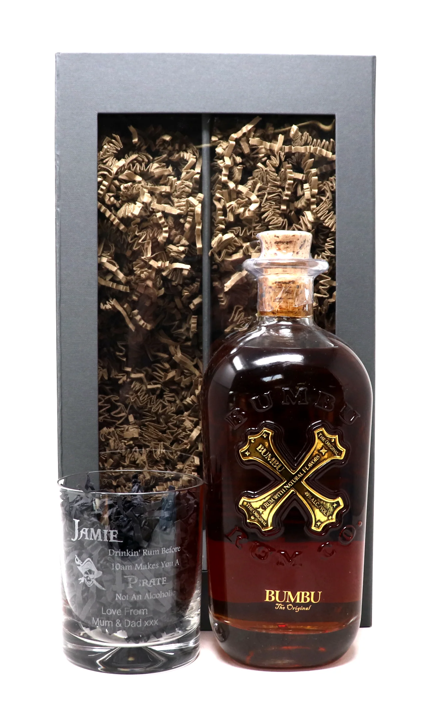 Personalised Glass Tumbler & 70cl Bumbu - Pirate Rum Design - Image 2