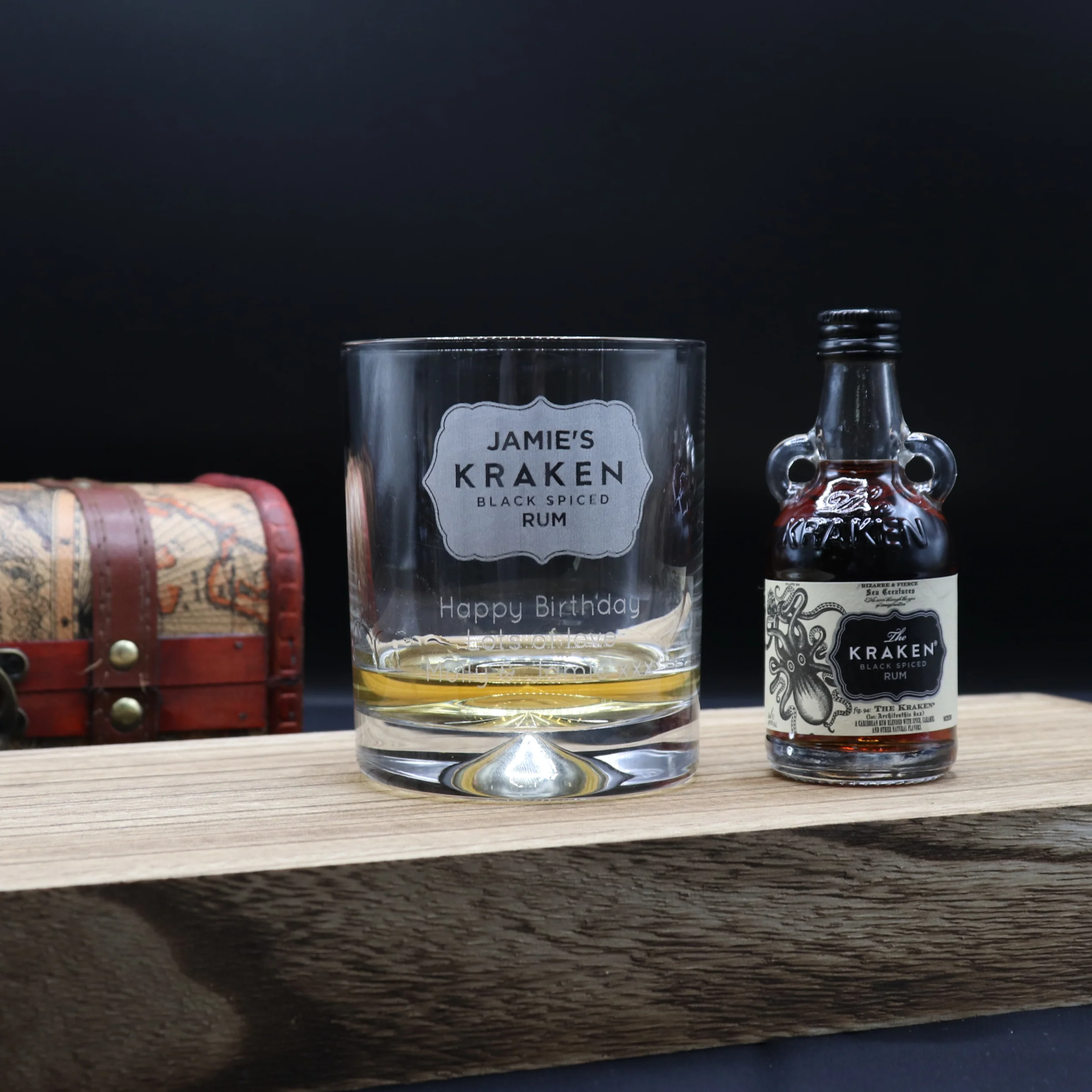 Personalised Kraken Label Rum Glass Tumbler & Miniature Rum Gift Set