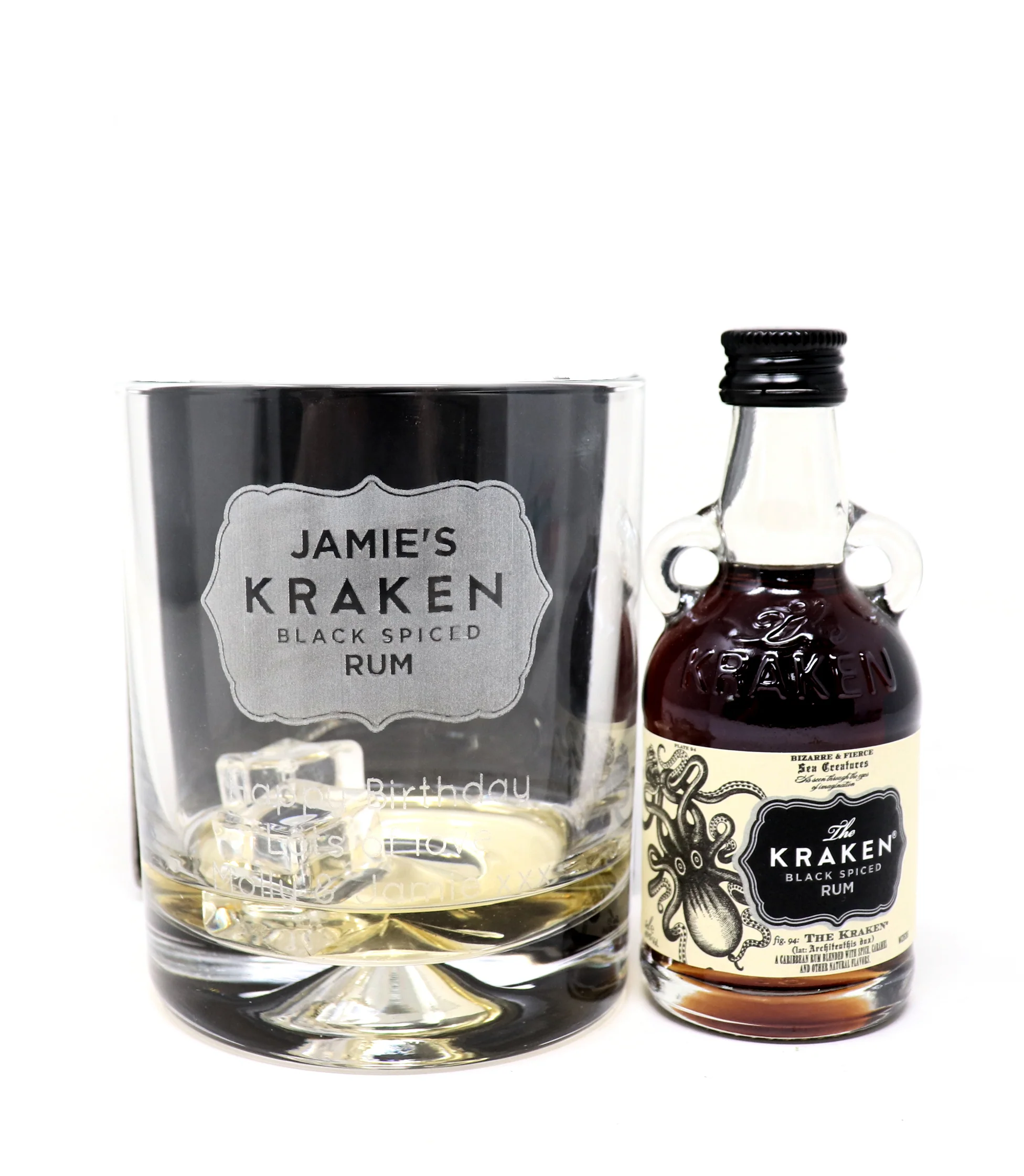 Personalised Kraken Label Rum Glass Tumbler & Miniature Rum Gift Set - Image 4