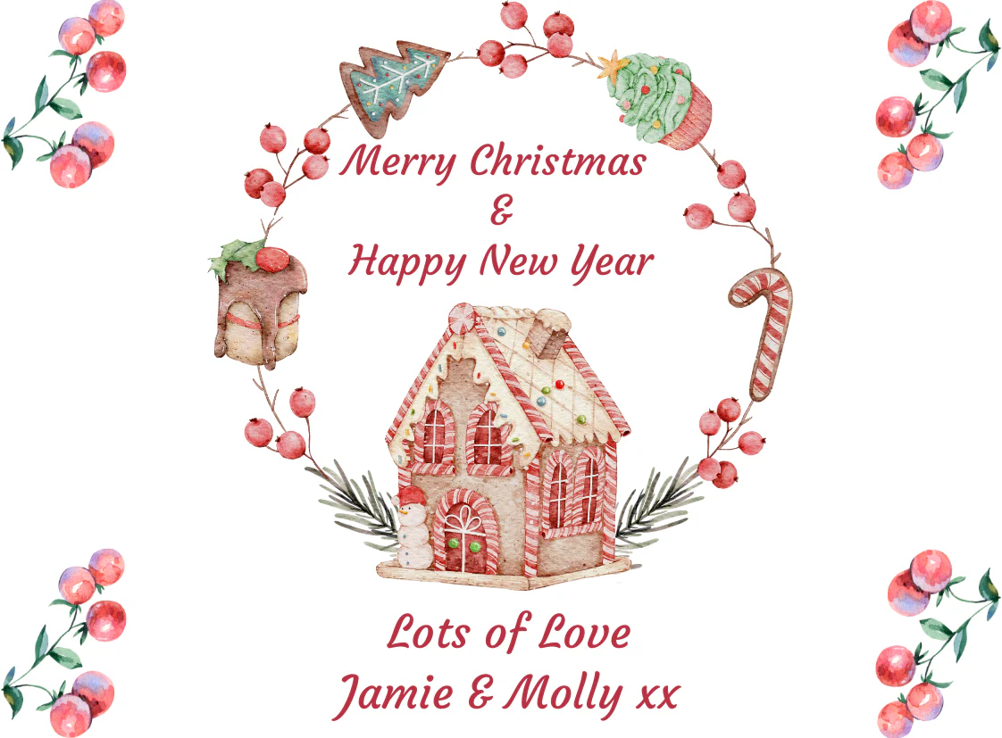 Personalised Prosecco Bottle Label - Christmas Gingerbread House Design - Image 2