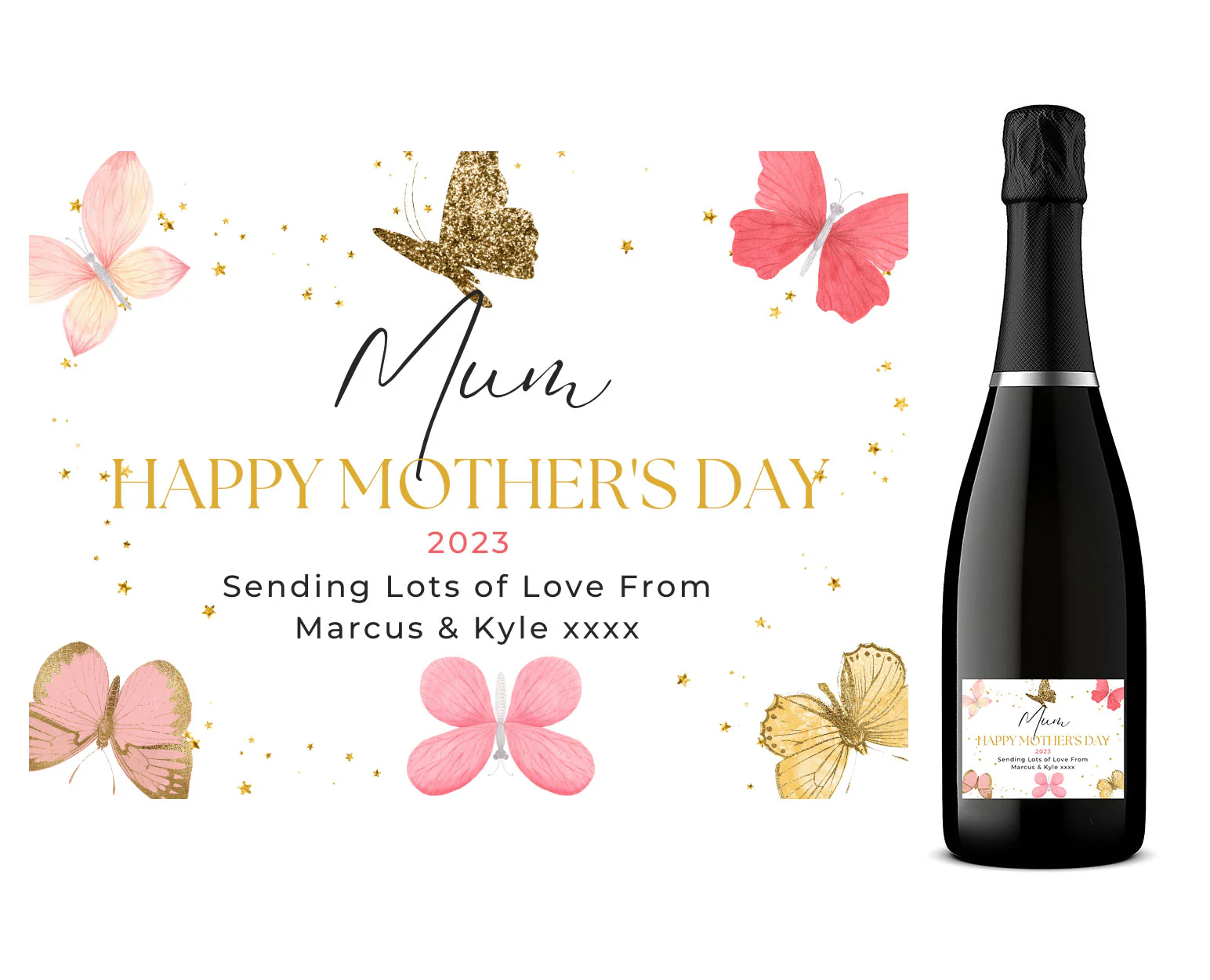 Personalised Prosecco Bottle Label - Mother“s Day Butterfly Design
