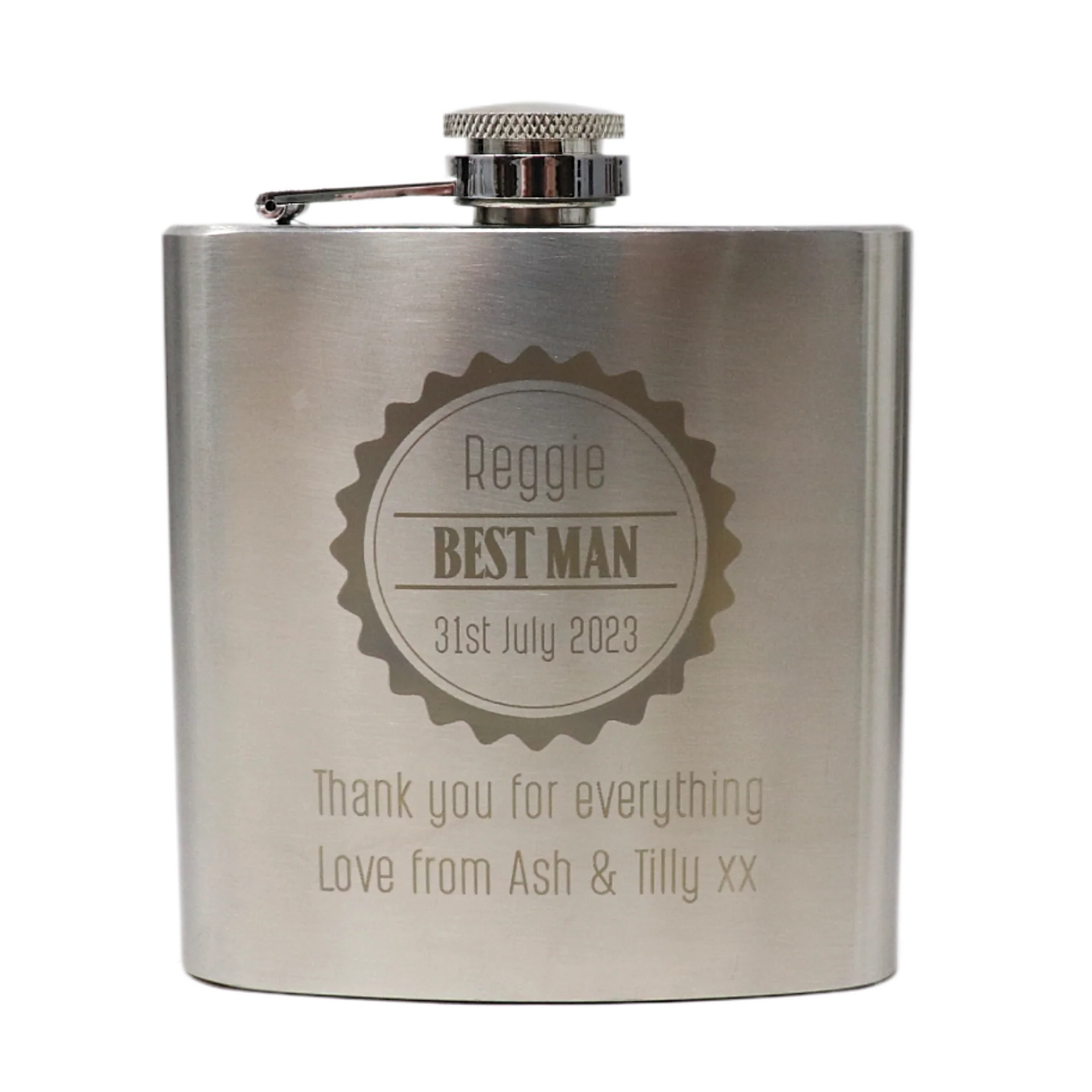 Personalised Silver Hip Flask - Best Man Wedding Badge Design