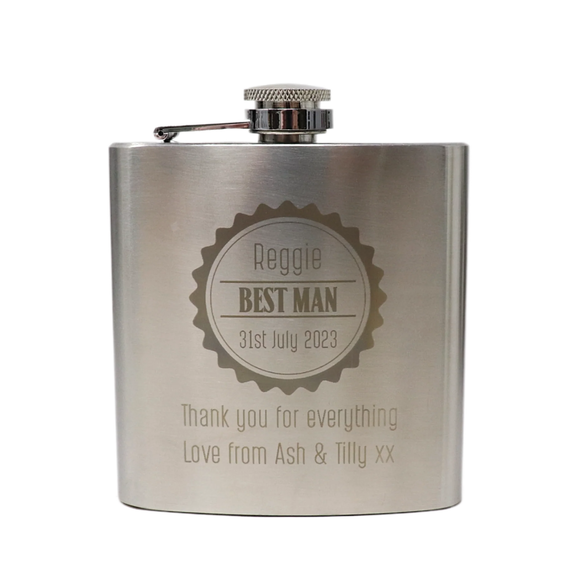 Personalised Silver Hip Flask - Best Man Wedding Badge Design - Image 2