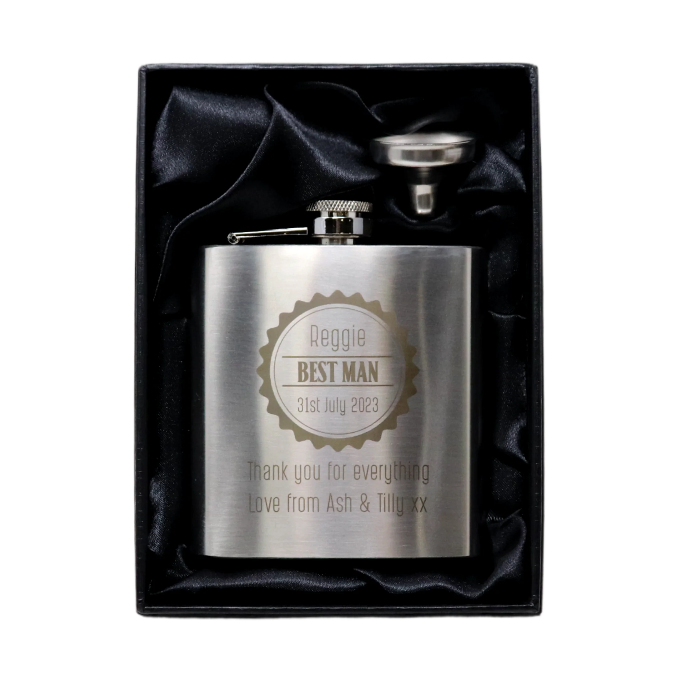 Personalised Silver Hip Flask - Best Man Wedding Badge Design - Image 3