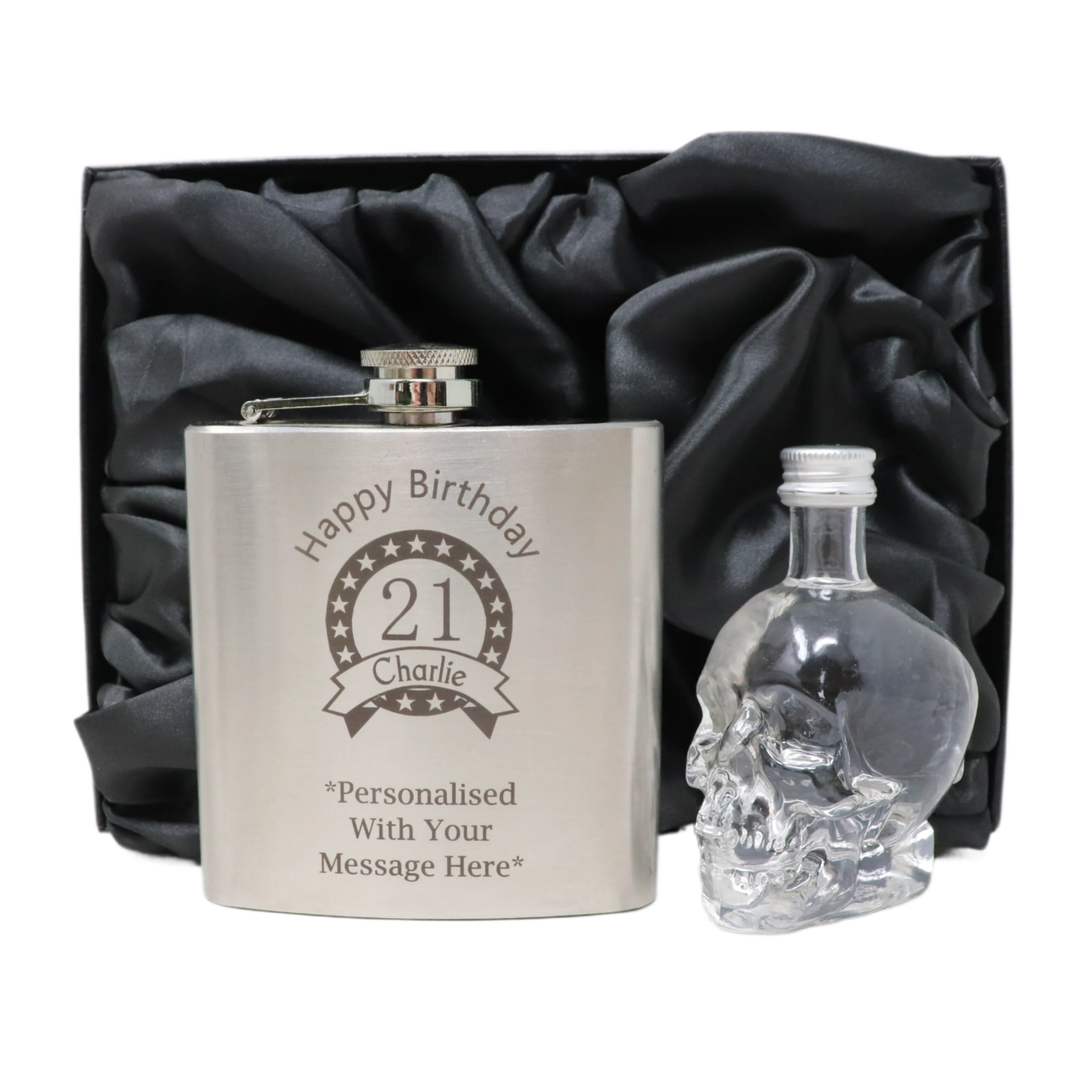 Personalised Silver Birthday Hip Flask & Miniature Alcohol Bottle - Image 6