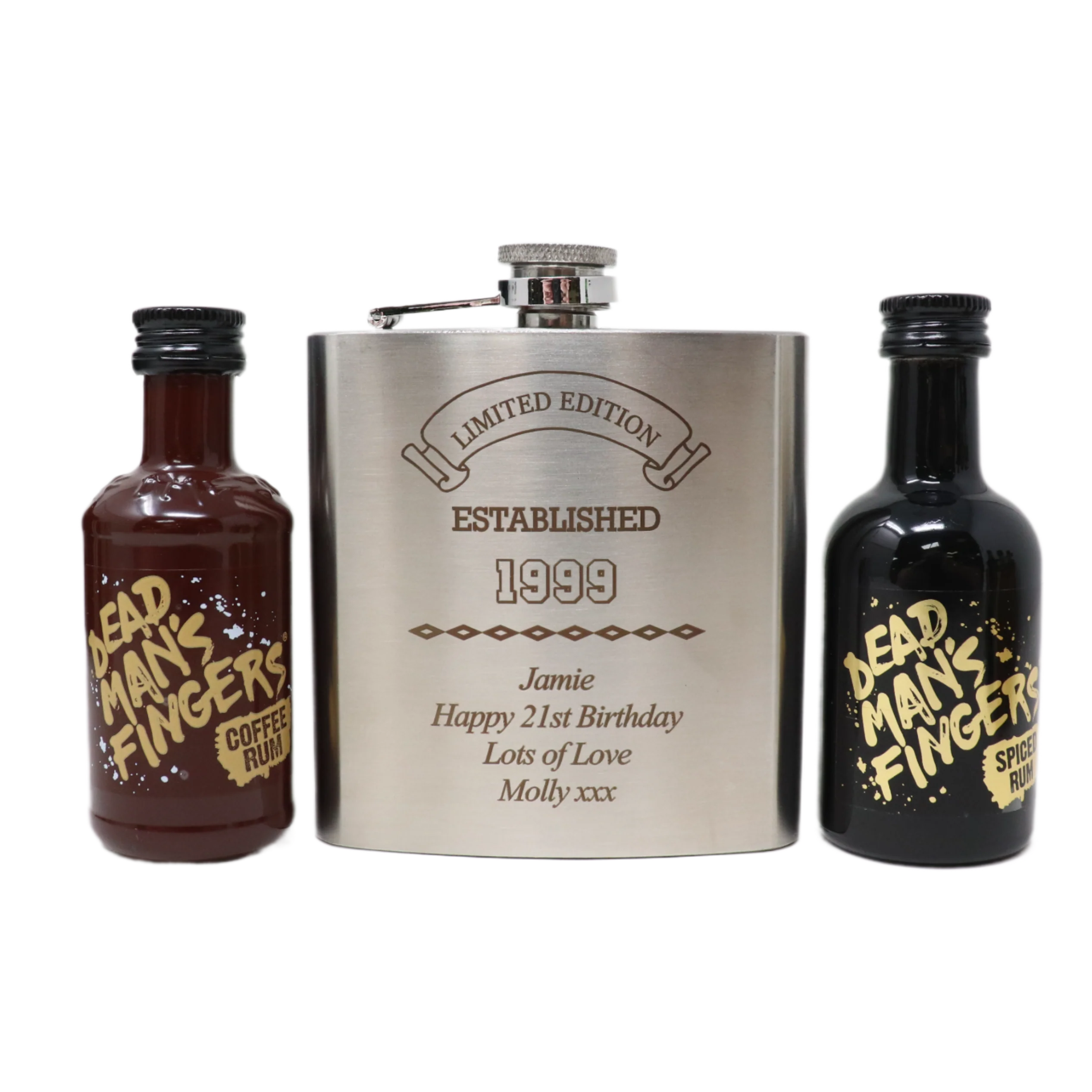 Personalised Silver Established Birthday Hip Flask & Miniature Alcohol Gift Set