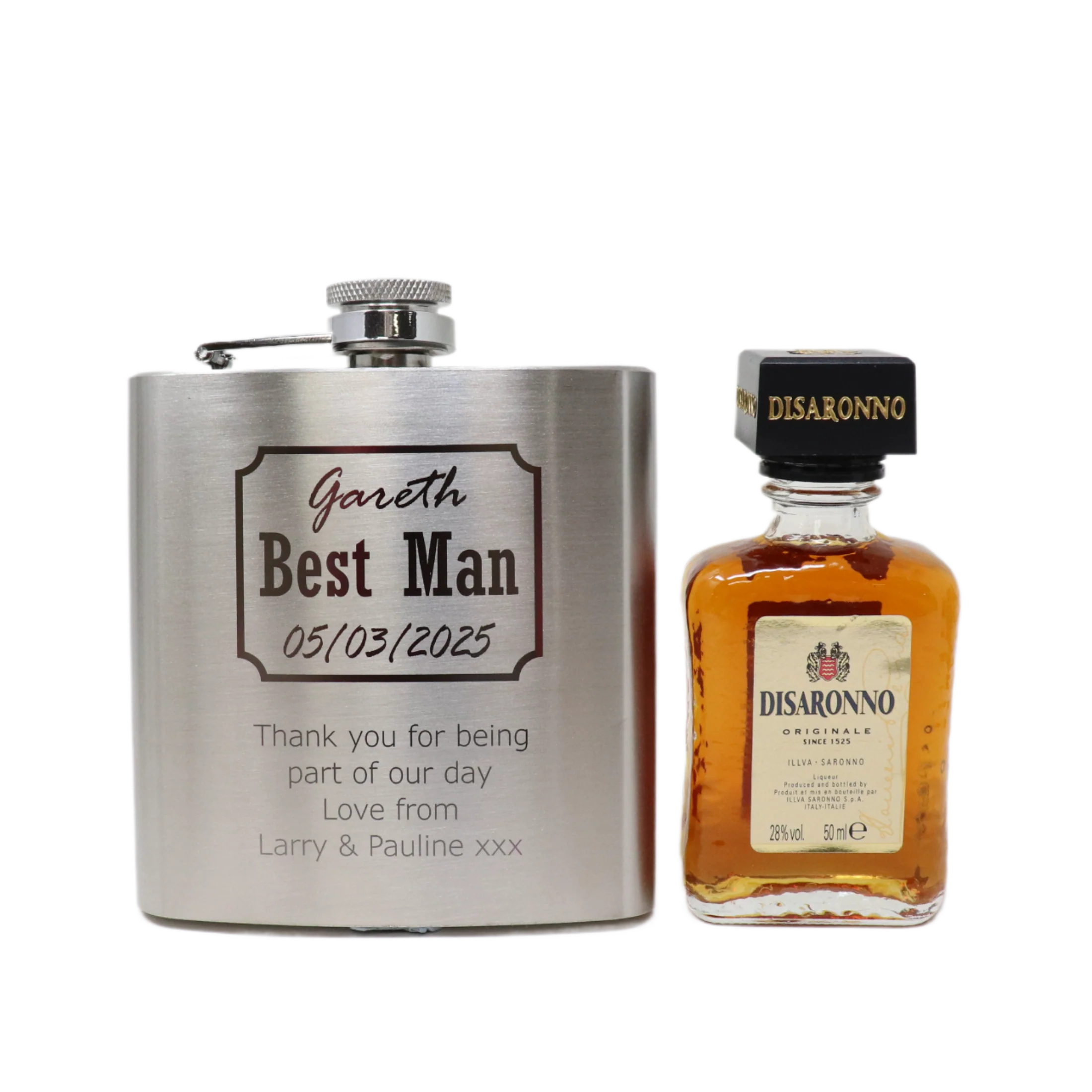 Personalised Silver Best Man Wedding Hip Flask & Miniature Alcohol Gift Set