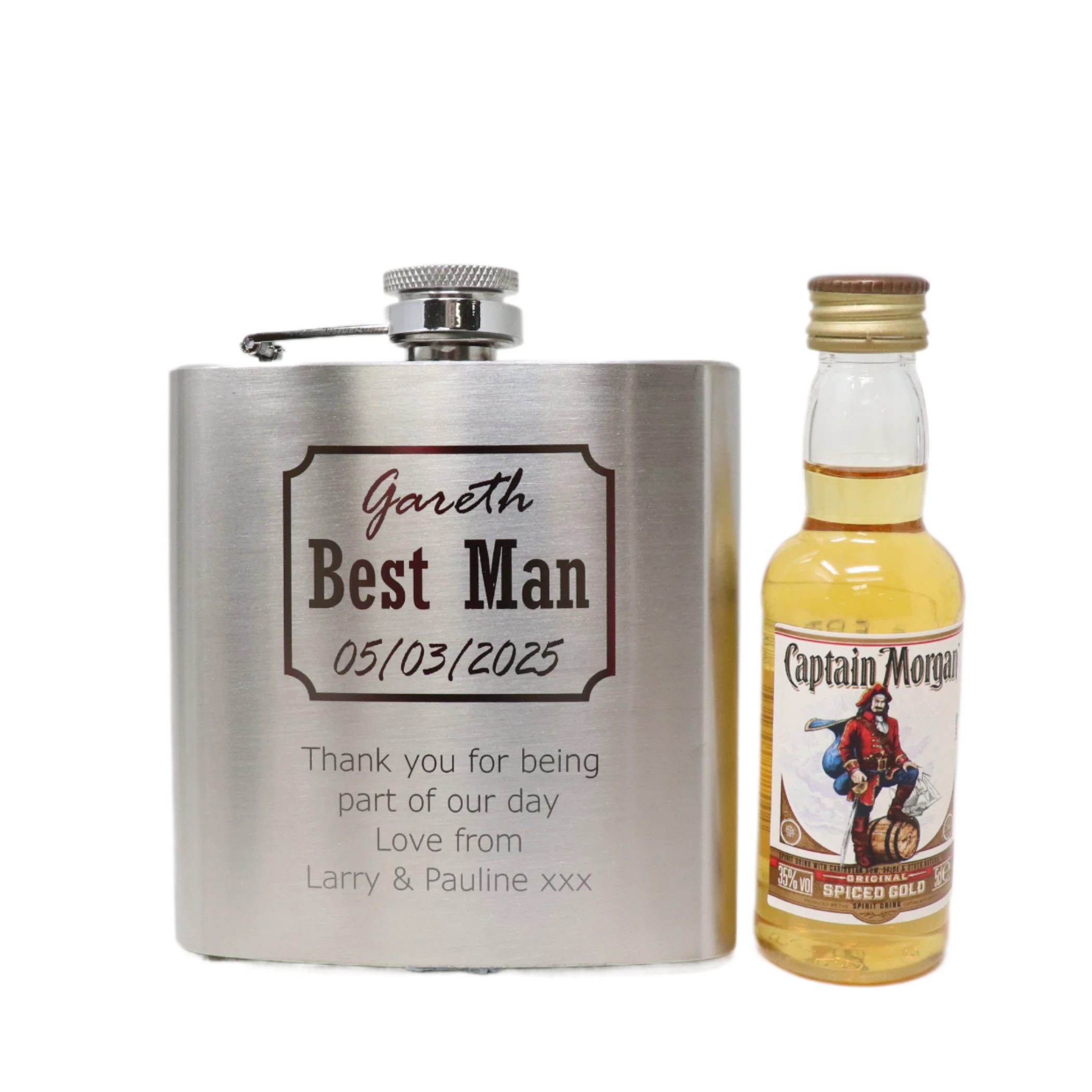 Personalised Silver Best Man Wedding Hip Flask & Miniature Alcohol Gift Set - Image 4