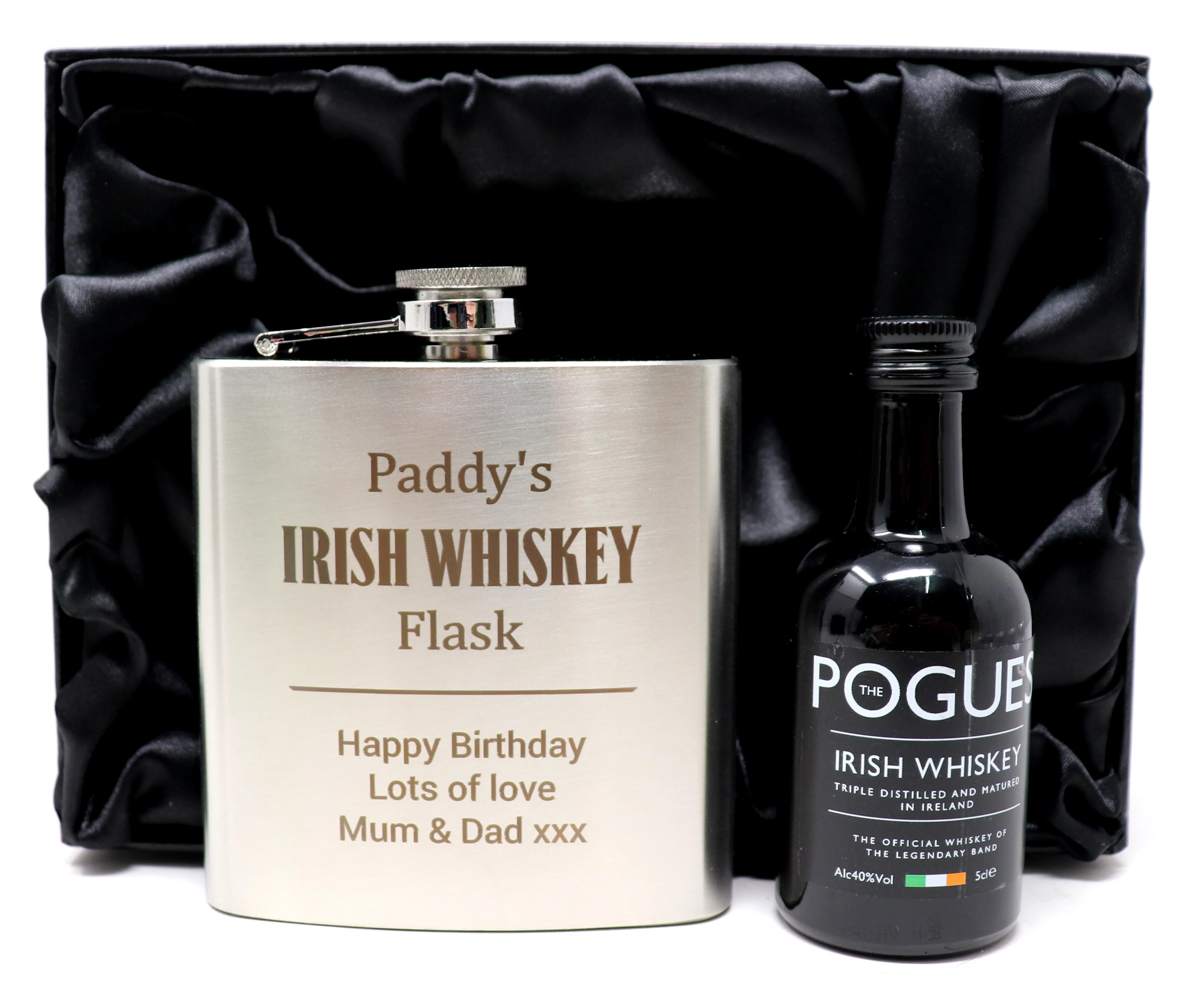 Personalised Silver Hip Flask & Miniature Alcohol - Irish Whiskey Design - Image 3