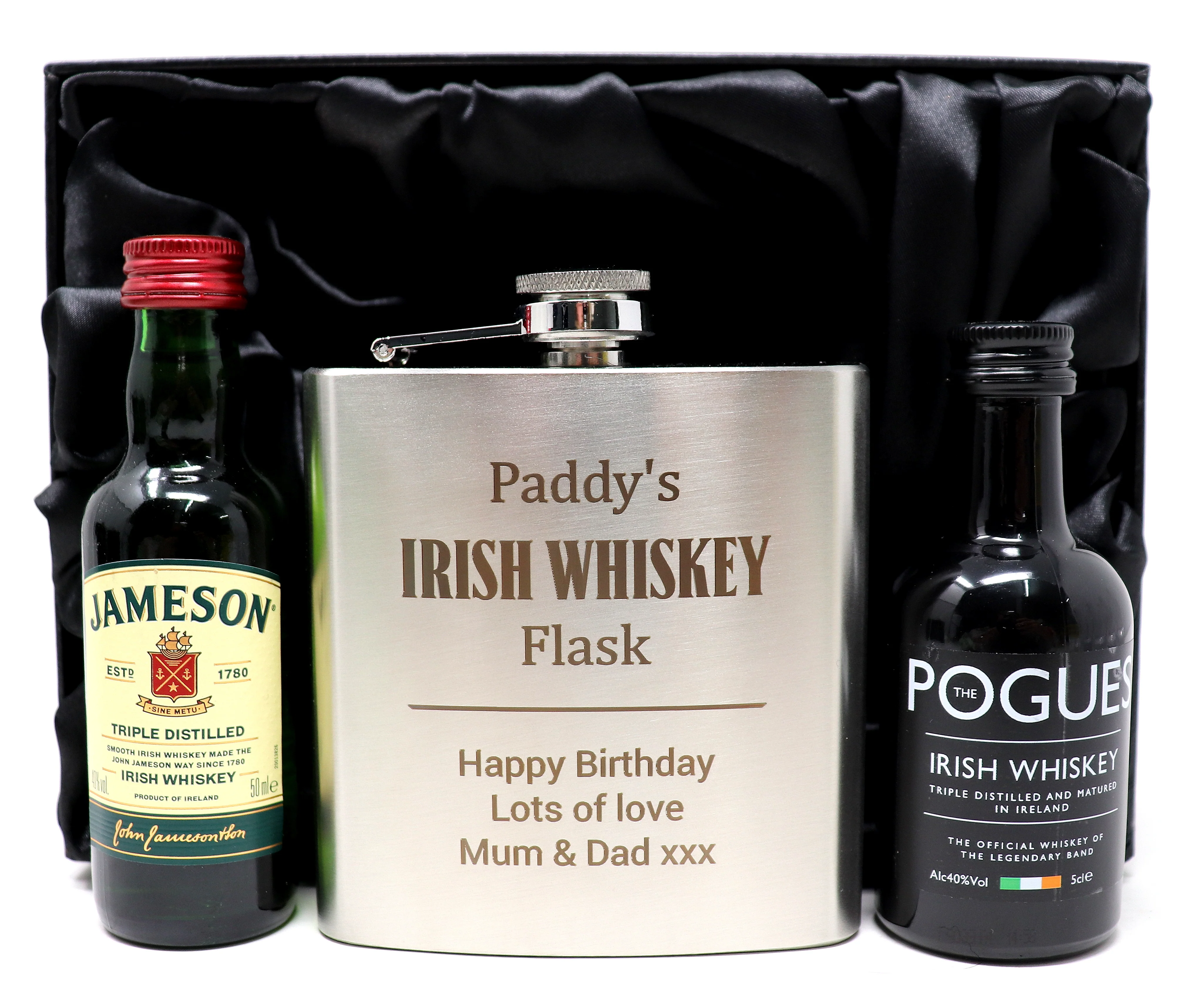 Personalised Silver Hip Flask & Miniature Alcohol - Irish Whiskey Design - Image 4