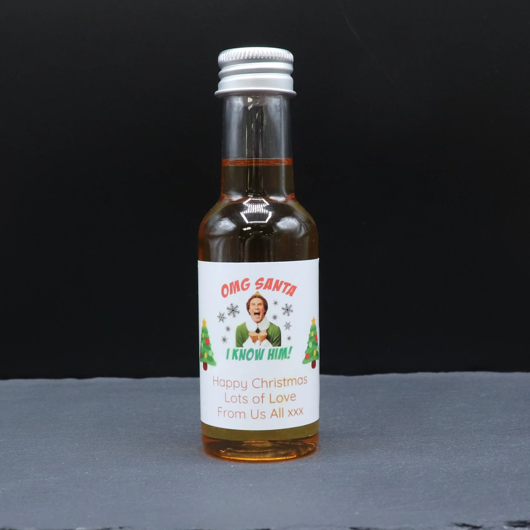 Personalised Tall Shot Glass & Christmas Elf Design Miniature Bottle of Alcohol - Image 2