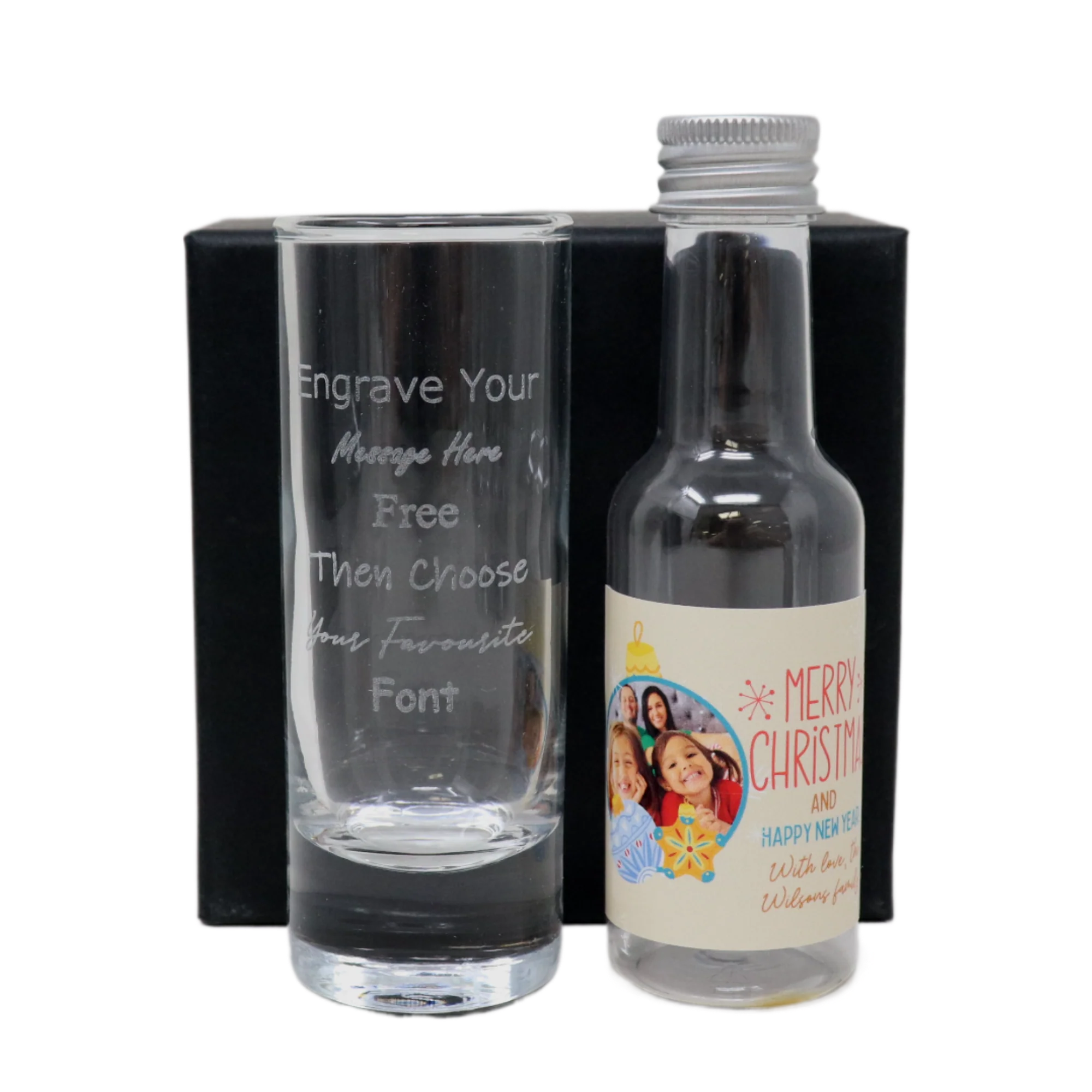 Personalised Tall Shot Glass & Christmas Photo Design Miniature Bottle of Alcohol