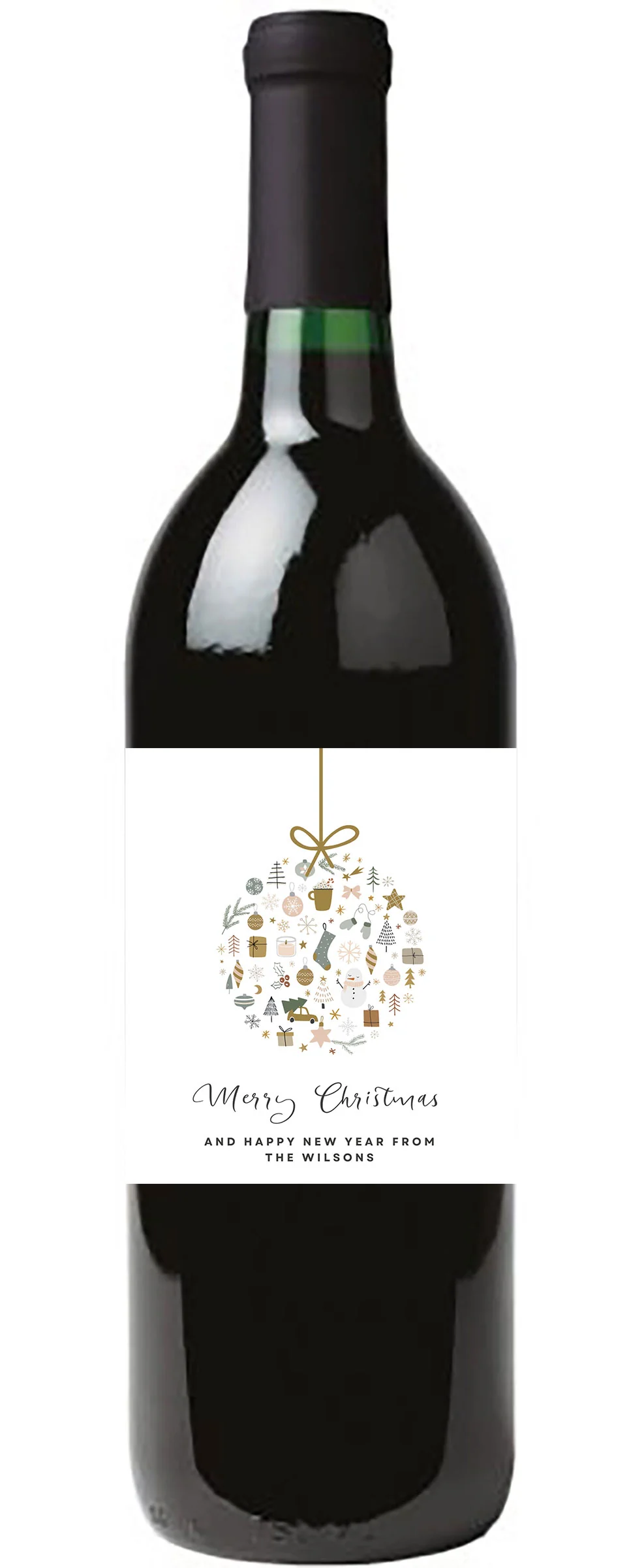 Personalised Wine Bottle Label - Christmas Bauble Scene Design - Image 3