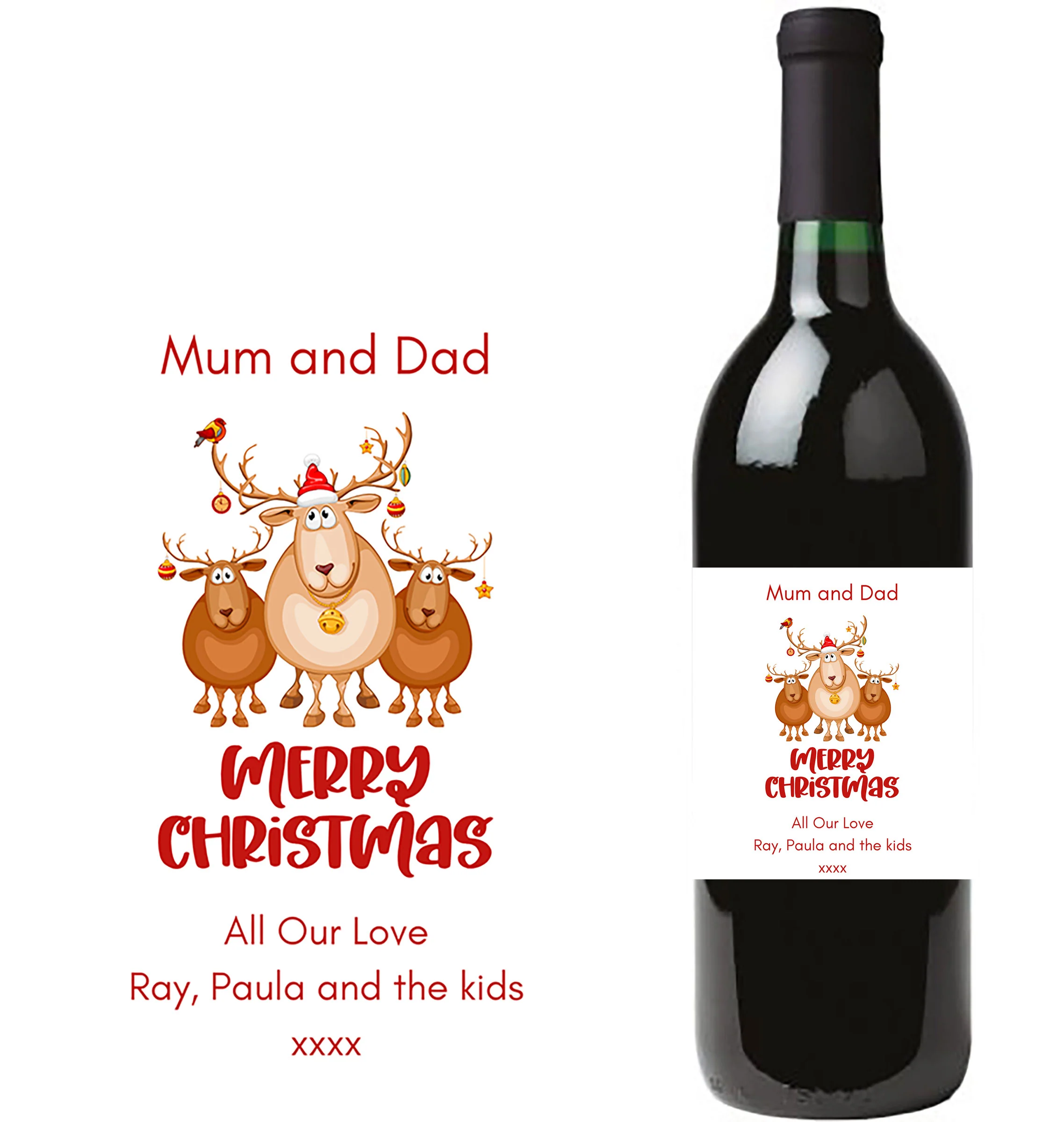 Personalised Wine Bottle Label - Christmas Cute Reindeer Design