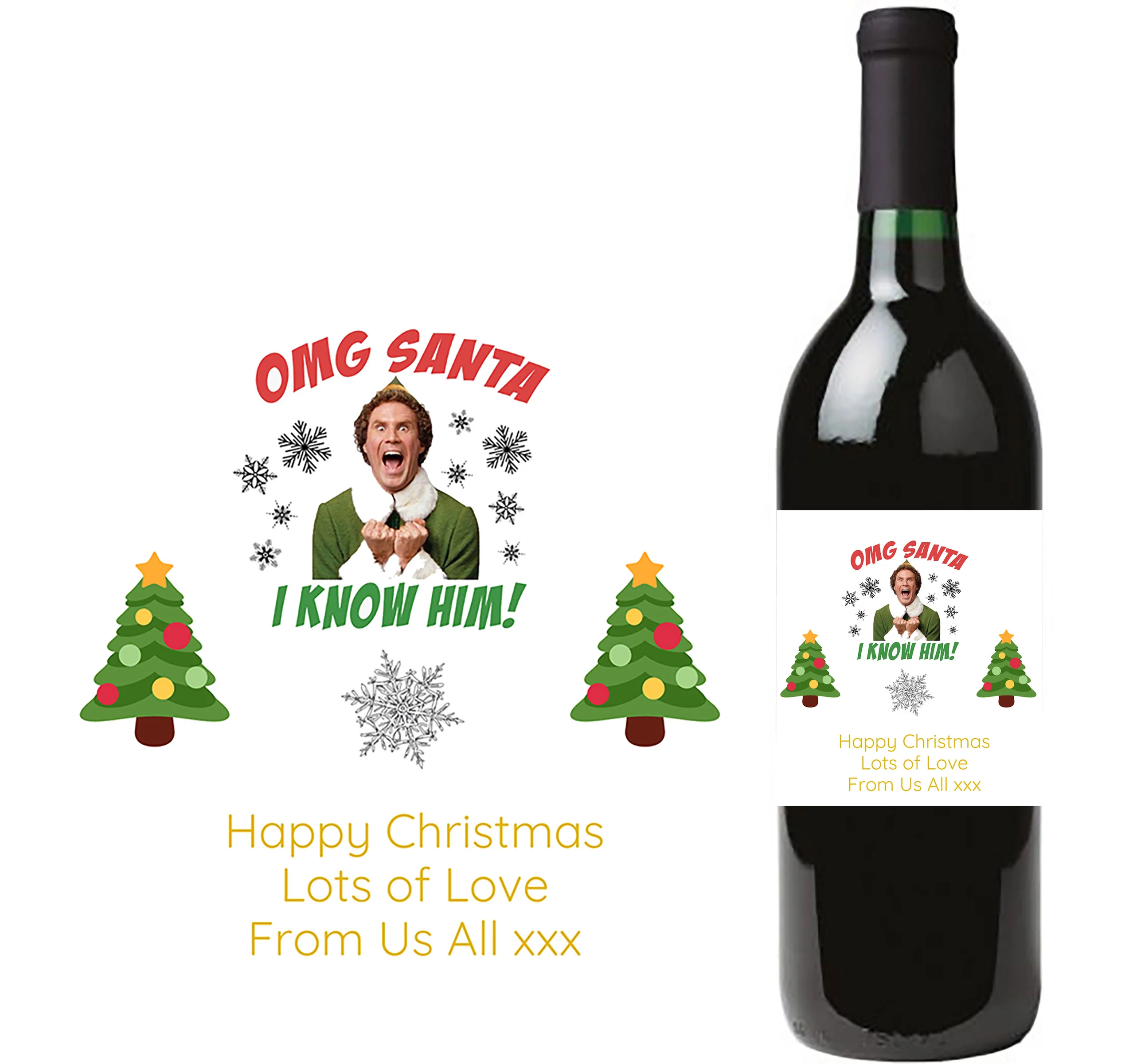 Personalised Wine Bottle Label - Christmas Elf Design