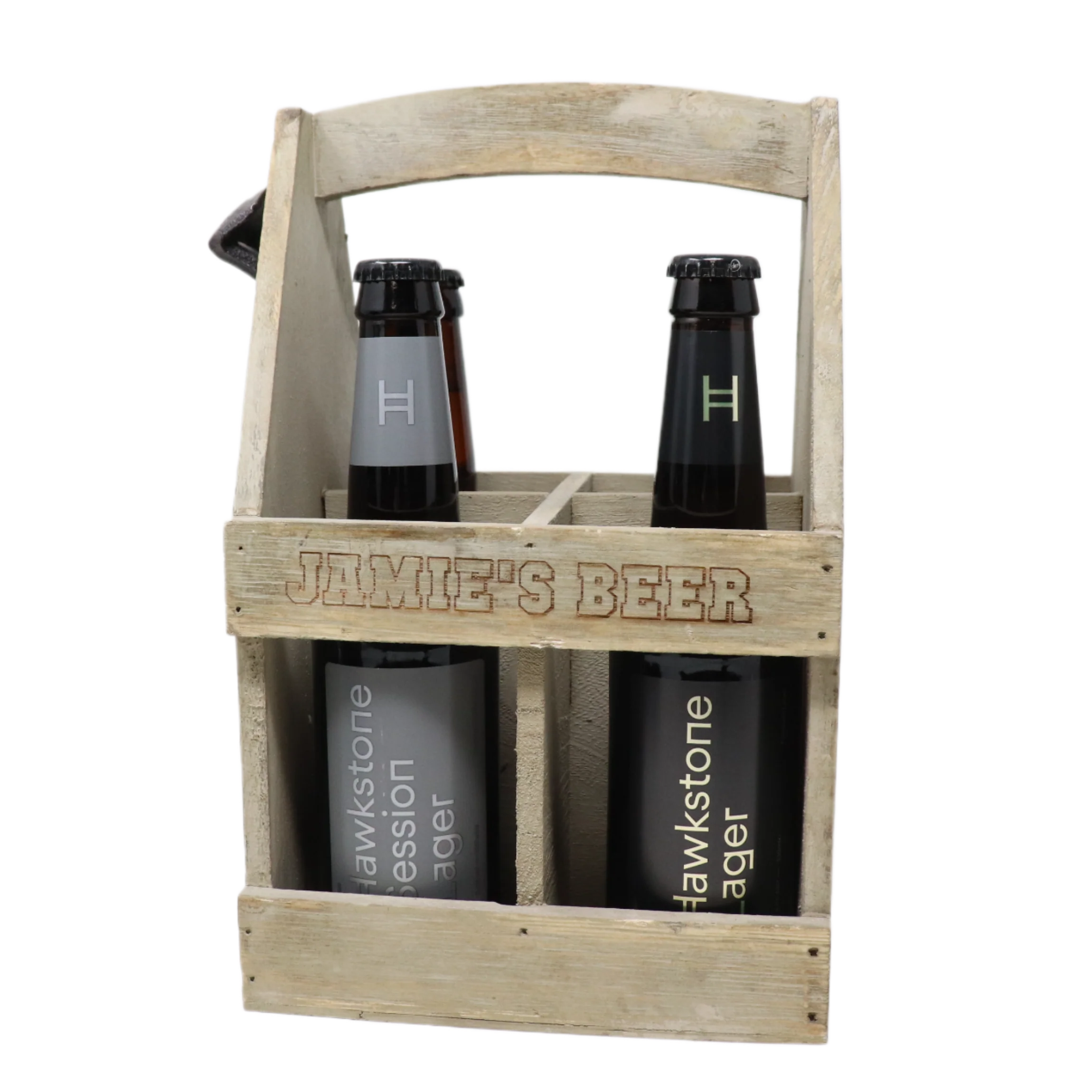 Personalised Wooden Bottle Carrier & 4 Bottles of Hawkstone Beer Gift Set